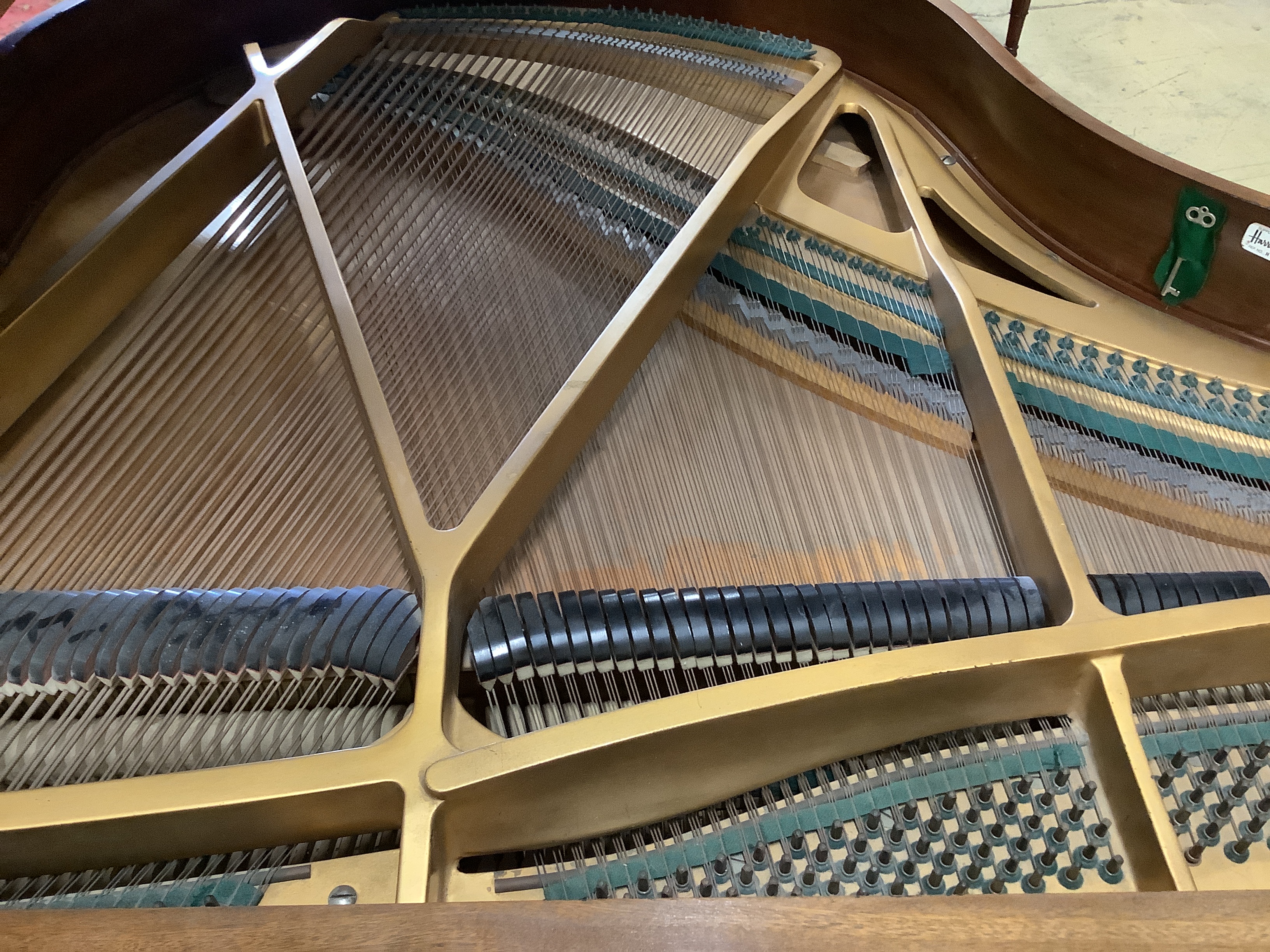 A mid 20th Cecilian & Co mahogany baby grand piano retailed by Harrods Ltd